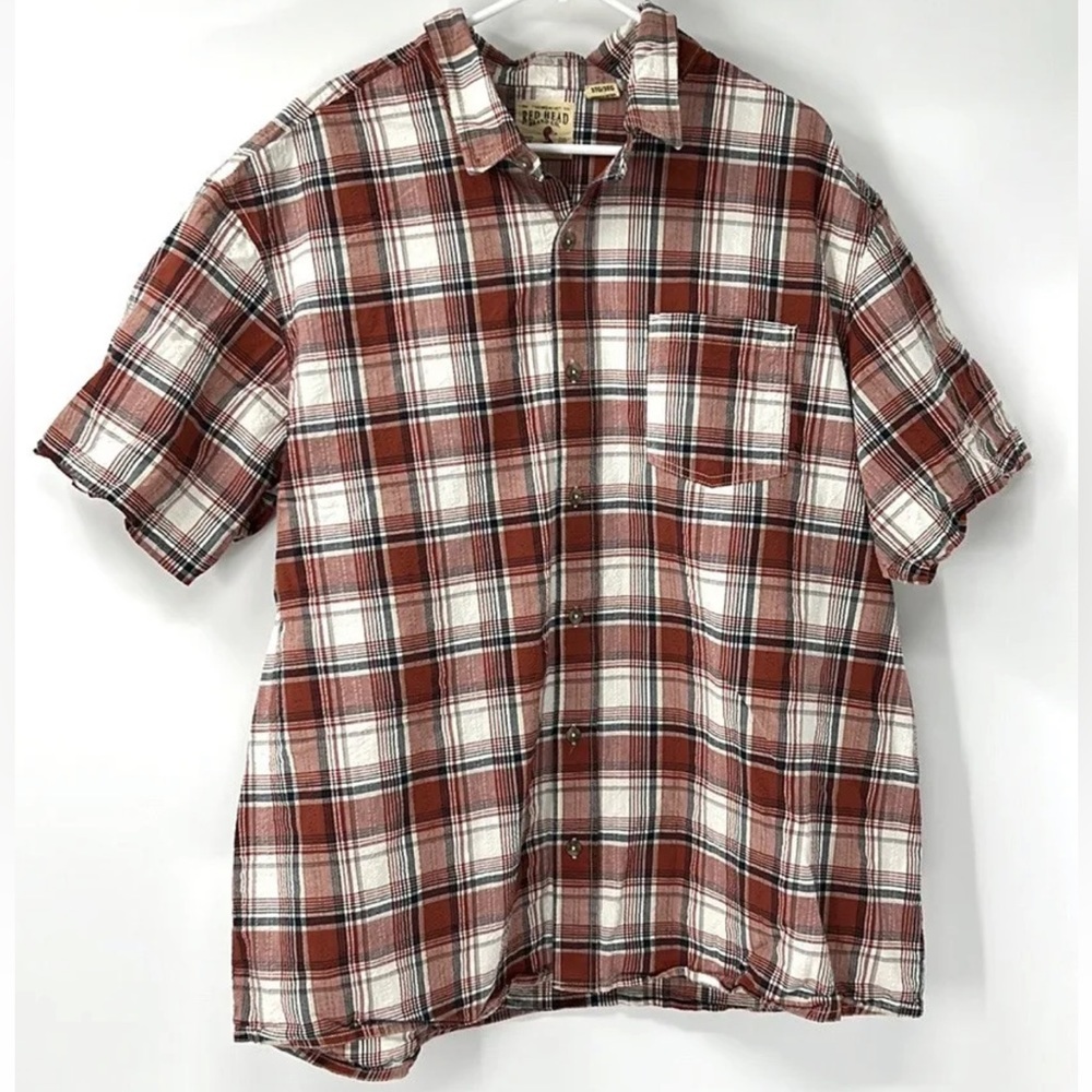 Red Head Button Up Shirt Mens 3XL plaid short sleeve casual EUC